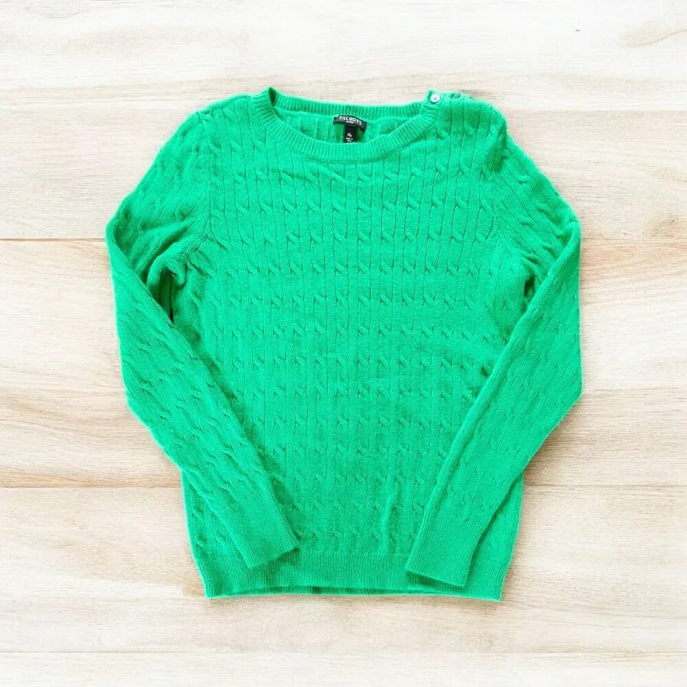 Talbots Kelly Green Cable Knit Lambs Wool Blend Pullover Sweater Size Med PETITE